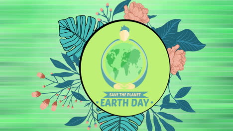 animación del texto y el logotipo del día de la tierra de ecología sobre flores sobre fondo verde