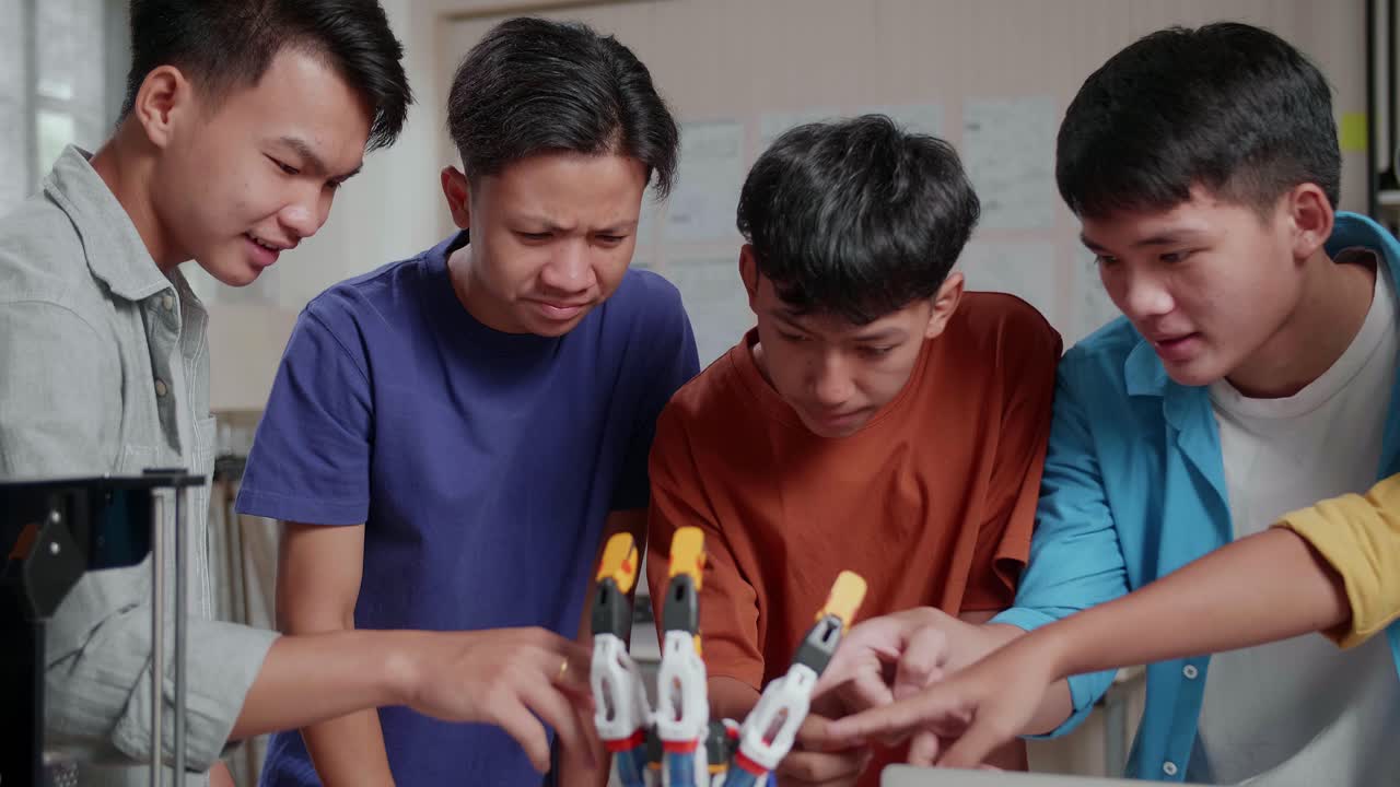 노트북과 3d 프린팅을 가진 젊은 아시아 소년 그룹이 집에서 사이보그 손에 대해 논의하는 동안 카메라에 미소 짓고 있습니다.