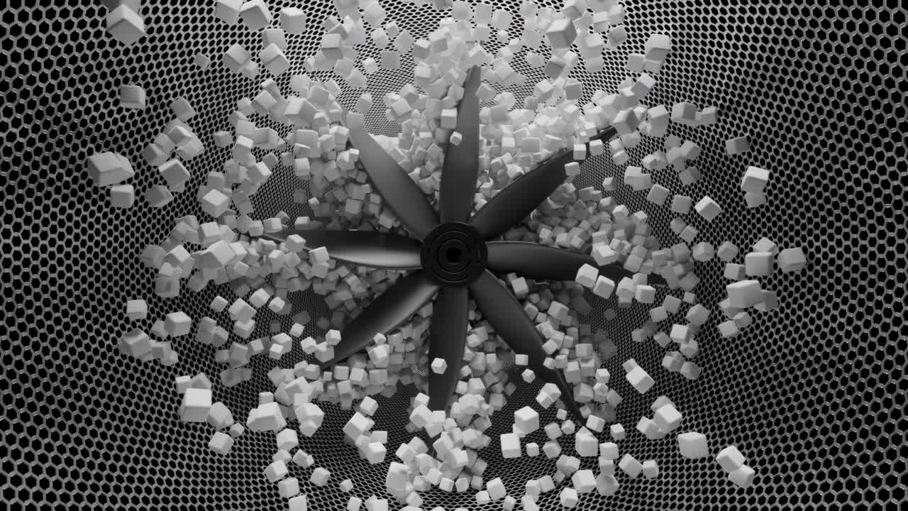 폭발하는 큐브를 가진 팬의 추상적인 3d 렌더링