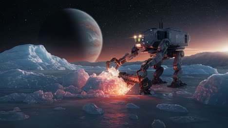 a futuristic robotic excavator mining ice on a distant planet with a majestic celestial background in the far reaches of space exploration