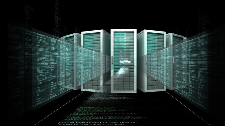 Animation of a tunnel made of data processing over server boxes on black background