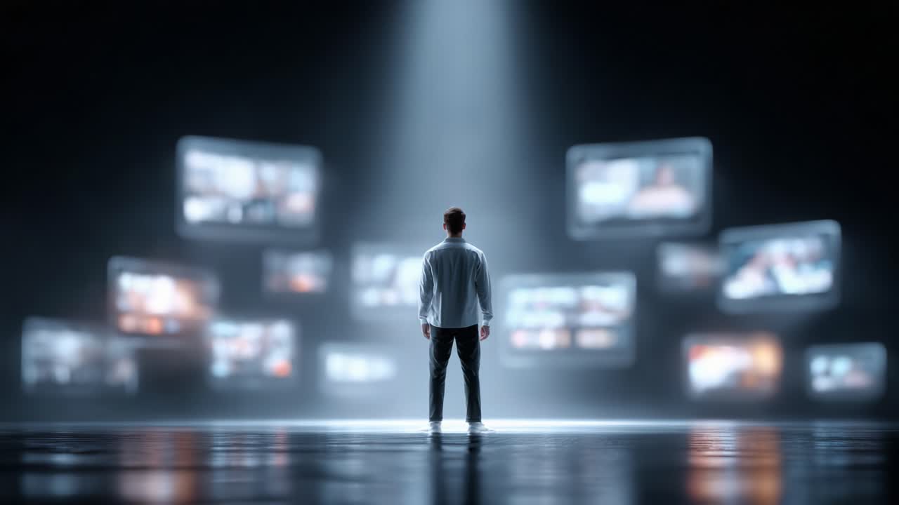 Una figura solitaria si erge sotto i riflettori, circondata da schermi fluttuanti che mostrano varie immagini, evocando sensazioni di contemplazione ed esplorazione delle informazioni digitali.