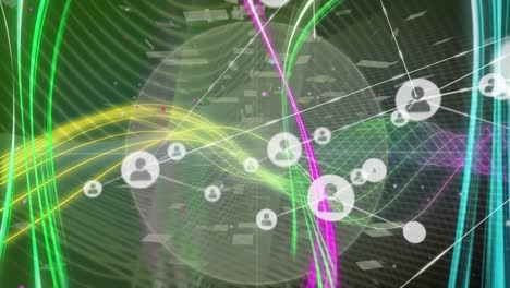 Animation-of-network-of-profile-icons-over-light-trails-and-digital-waves