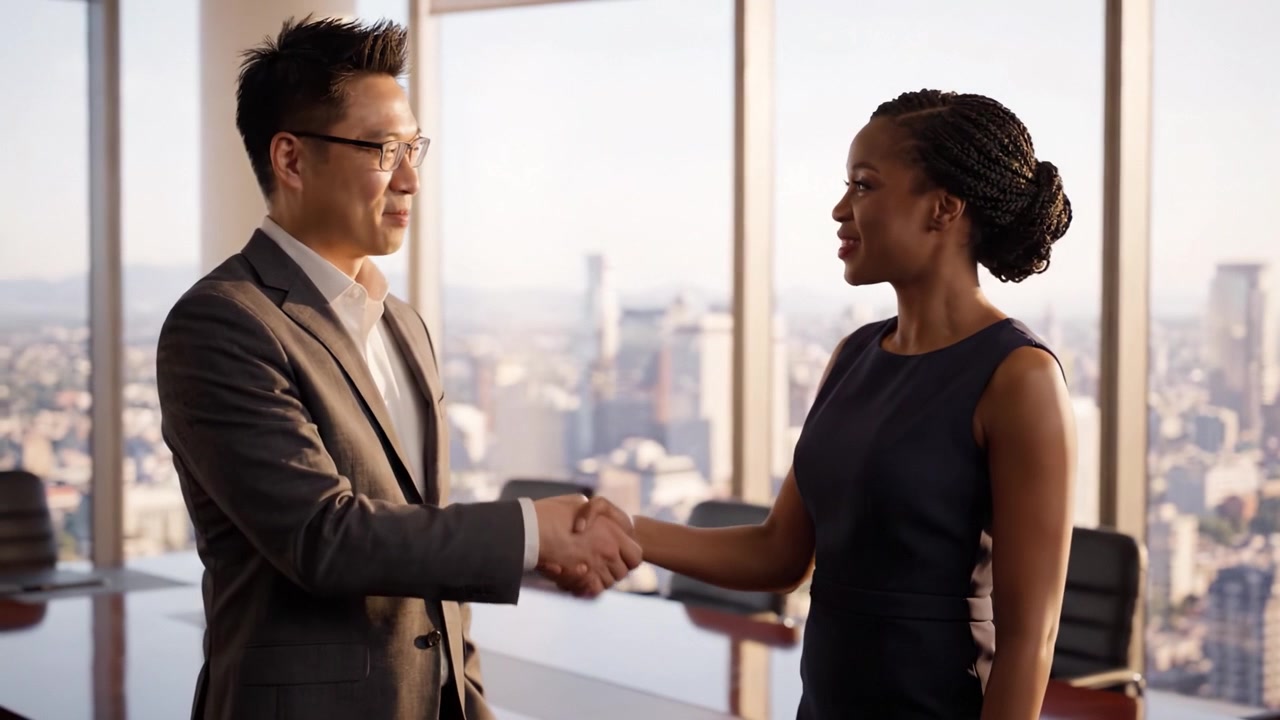 Un dialogo professionale: due colleghi impegnati in una conversazione positiva con uno splendido paesaggio urbano sullo sfondo, che esemplifica collaborazione e professionalità.