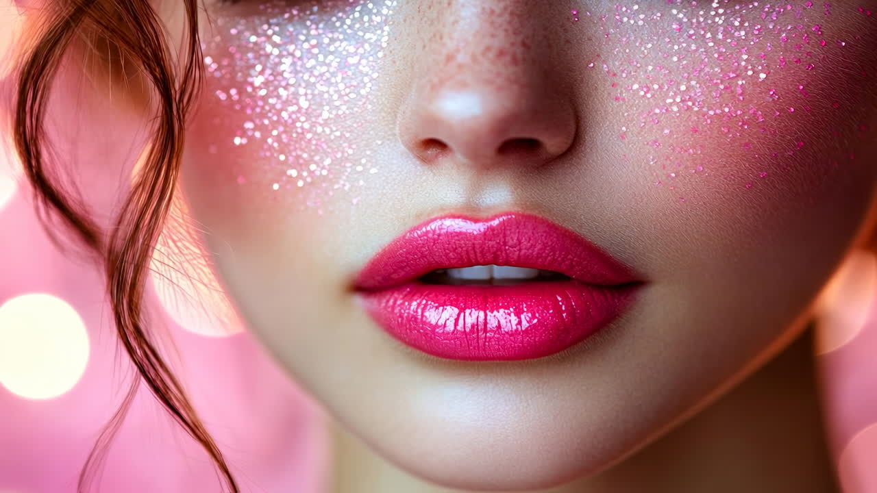 Bright lipstick and glitter on model. Close-up of a young woman with vibrant pink lips and glittery cheeks on a soft pink background