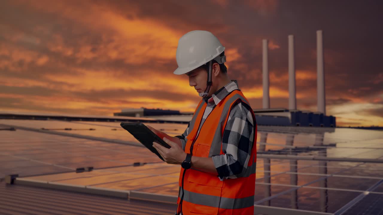Side View Of Asian Male Engineer With Safety Helmet Working On A Tablet While Standing, Inspecting Solar Panels on Rooftop at Sunset