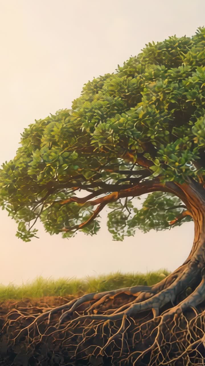 Vertical video: Panning camera from left canopy revealing gnarled trunk and roots in meadow