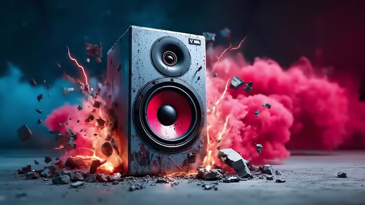 A pair of speakers that are surrounded by rocks and lightning