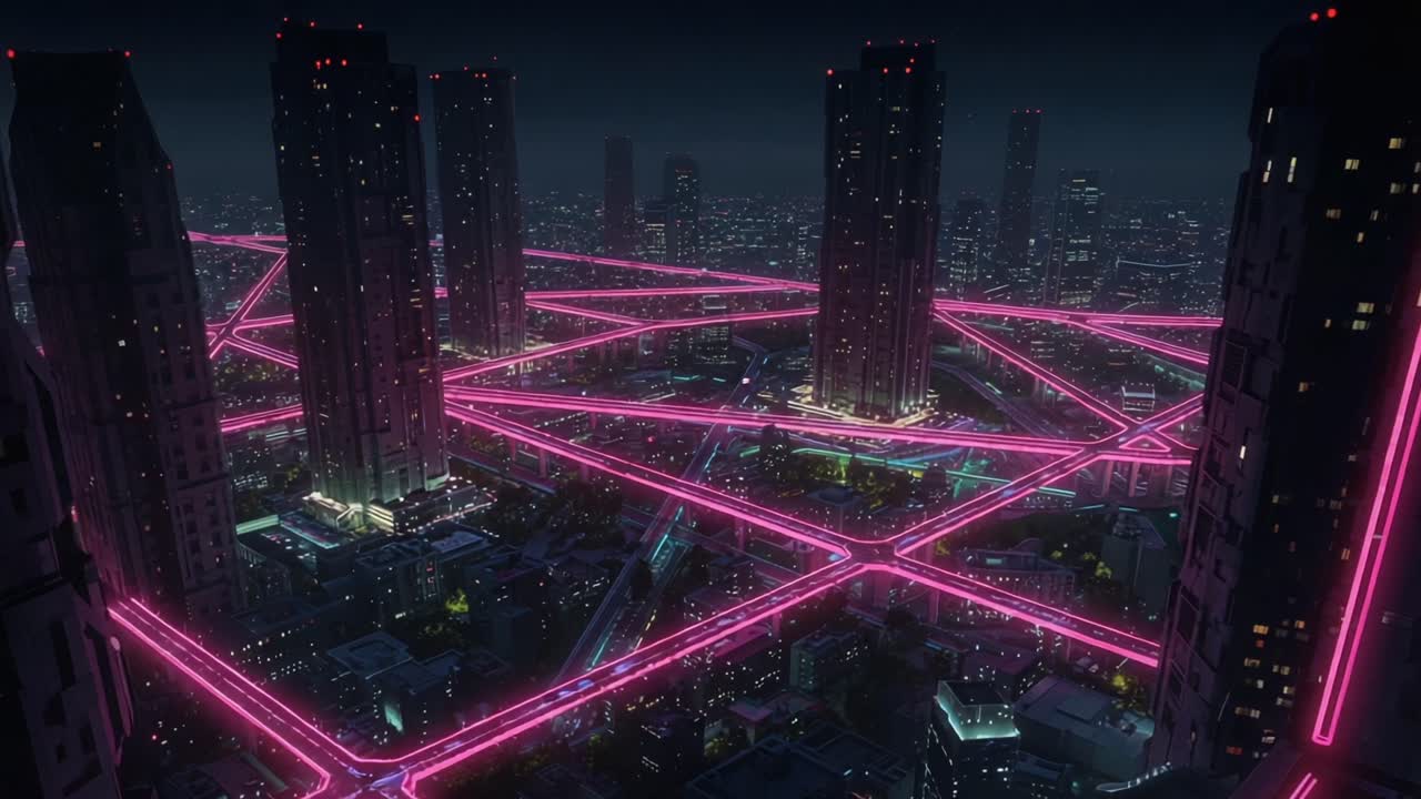 A Stunning Aerial View of a Futuristic Cityscape at Night, Highlighting the Bright Neon Pink Grid of Roads and Towering Skyscrapers Under a Dark Sky