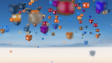 animación de iconos digitales en línea flotando sobre el paisaje