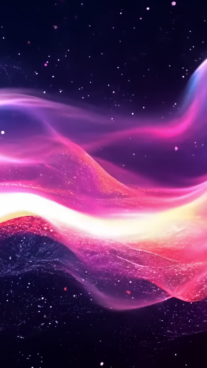 A long, flowing pink and orange wave of light with a lot of stars in the background. The colors are vibrant and the stars are scattered throughout the image