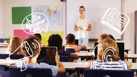 in school, children using tablets for educational animation with teacher in classroom