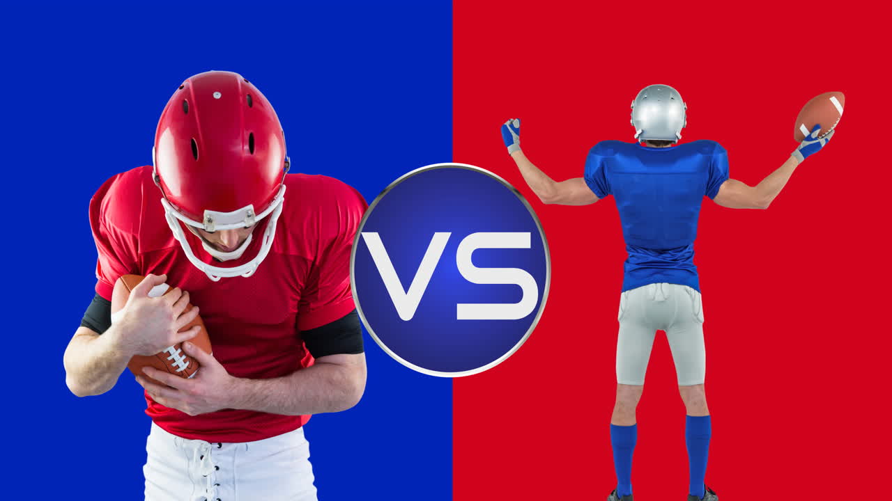 Animation of vs text in white, over male american football players from two teams, on red and blue