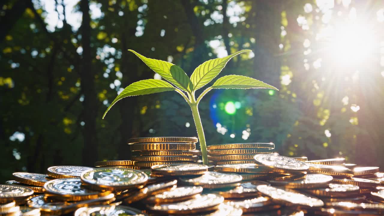 Low-angle video of a small plant growing atop a pile of coins, symbolizing financial growth
