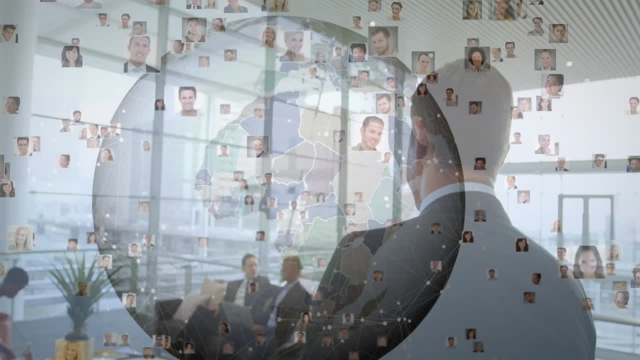 In office, businessman using animation for global network and profile connections