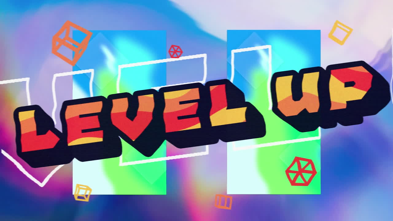 Animation of level up text over neon pattern on blue background