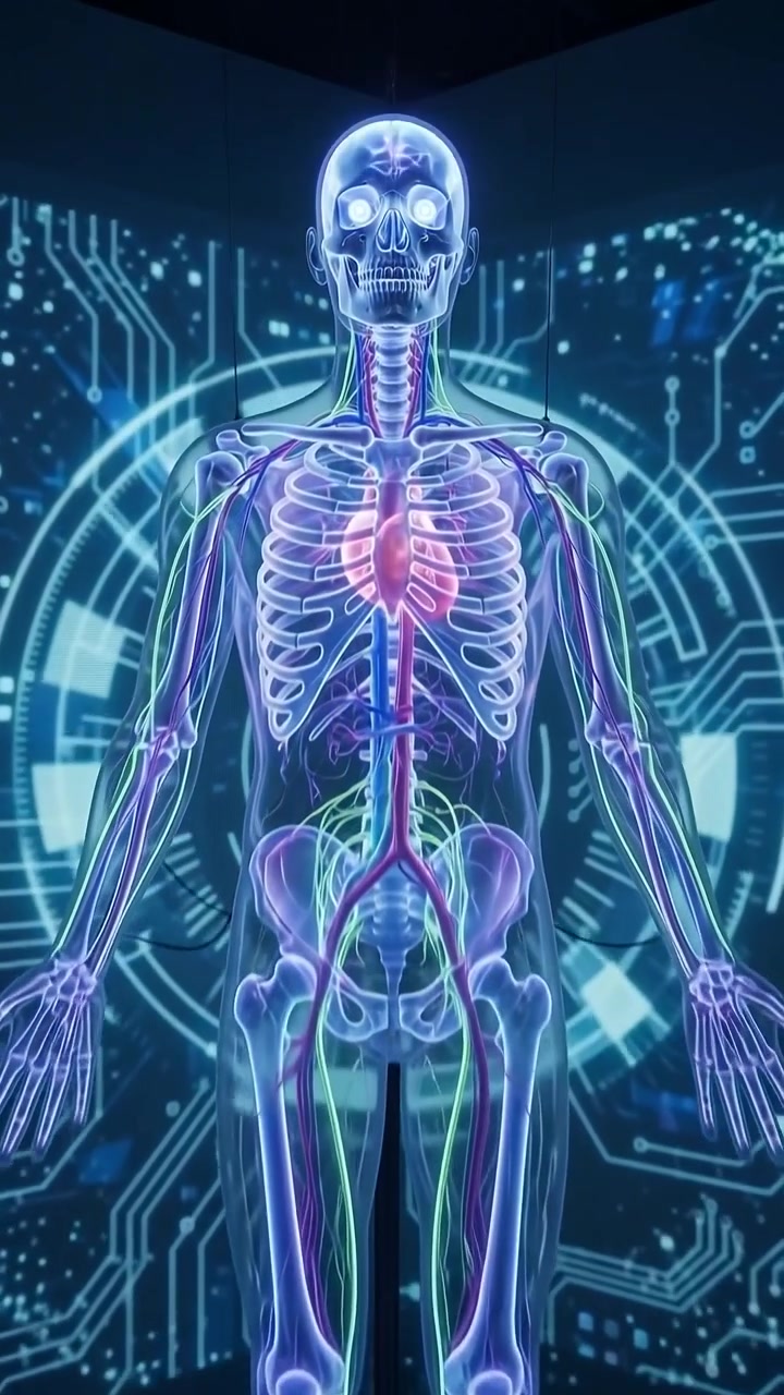 Digital Human Anatomy Model with Glowing Circulatory System and Brain