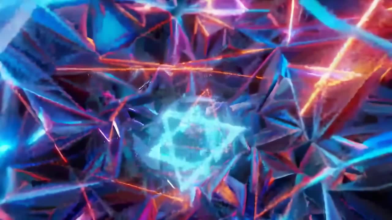 Futuristic video with a kaleidoscopic tunnel of neon lights, captured from a central angle