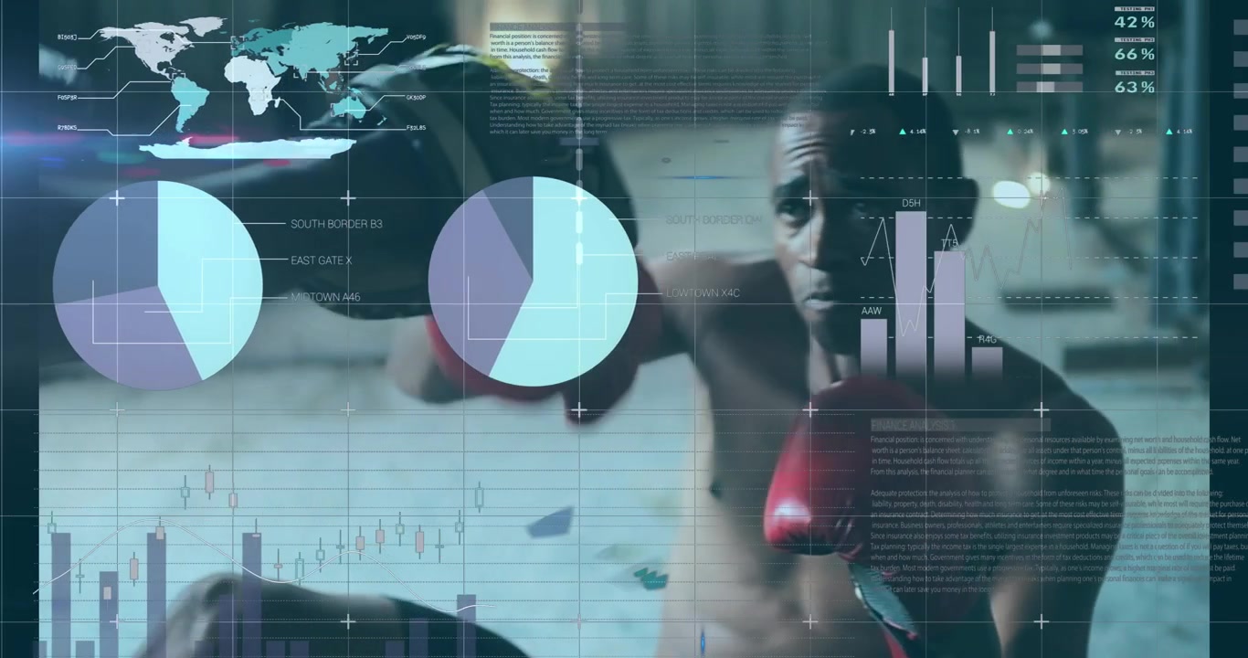 Animation of data processing over diverse people boxing at gym