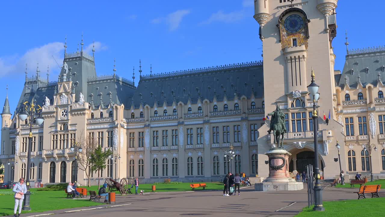 Iasi, Romania - April 25, 2021: Front view of the Palace of Culture on a sunny day
