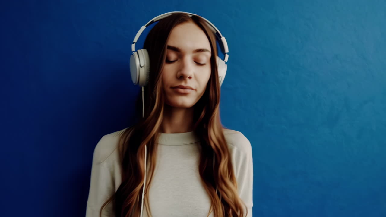 Young Woman Listening to Music with Headphones on a Blue Background