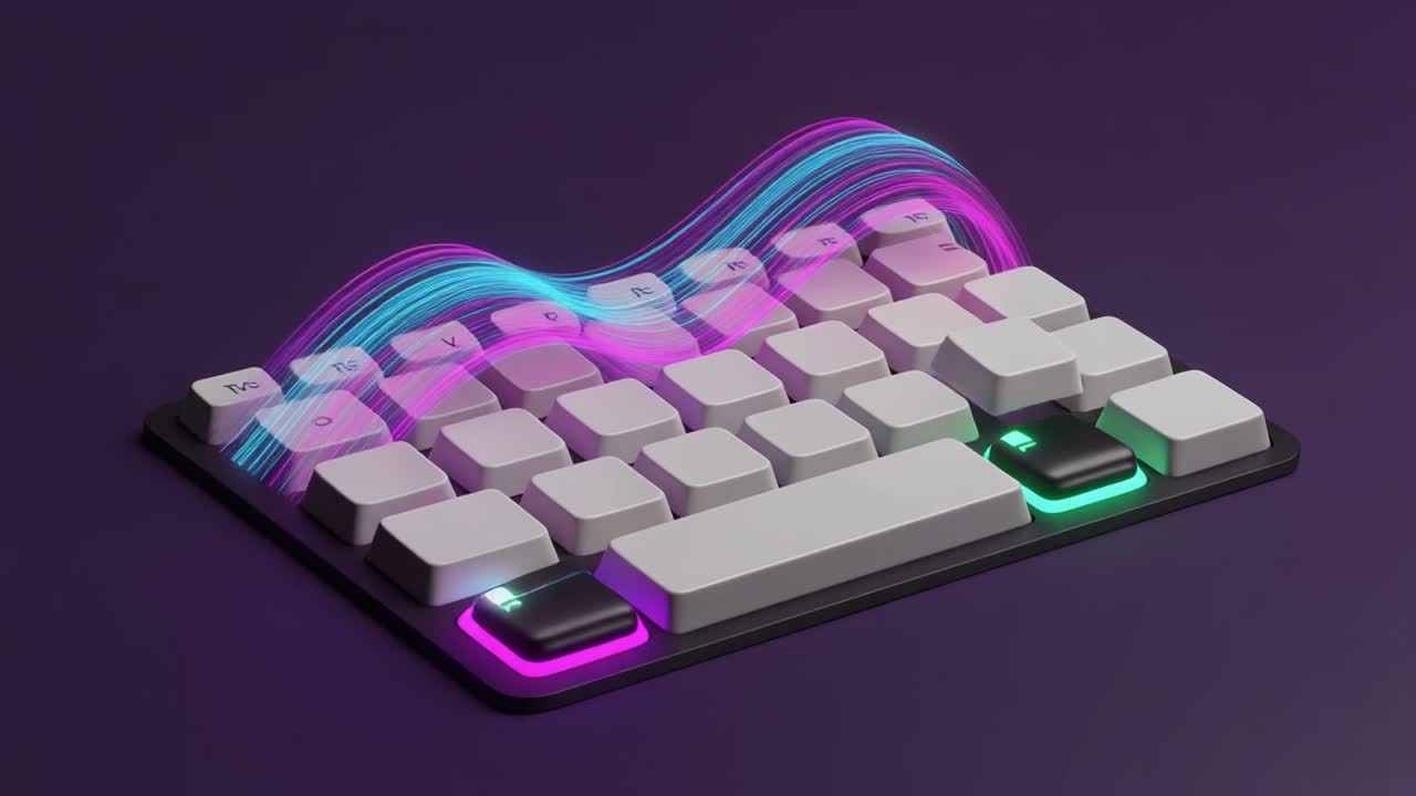 Teclado futurista con teclas brillantes y estelas de luz digitales