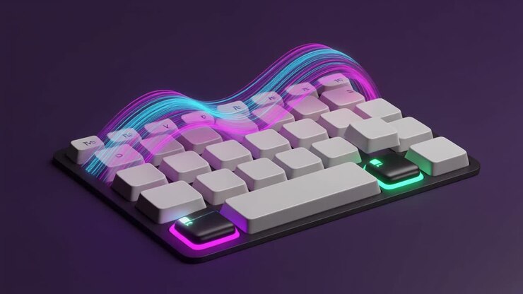 Futuristic Keyboard with Glowing Keys and Digital Light Trails