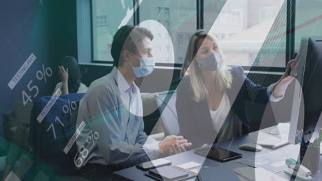 animation of statistical data processing over diverse man and woman discussing at office