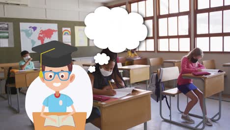 animation of school items icons moving over schoolchildren wearing face masks