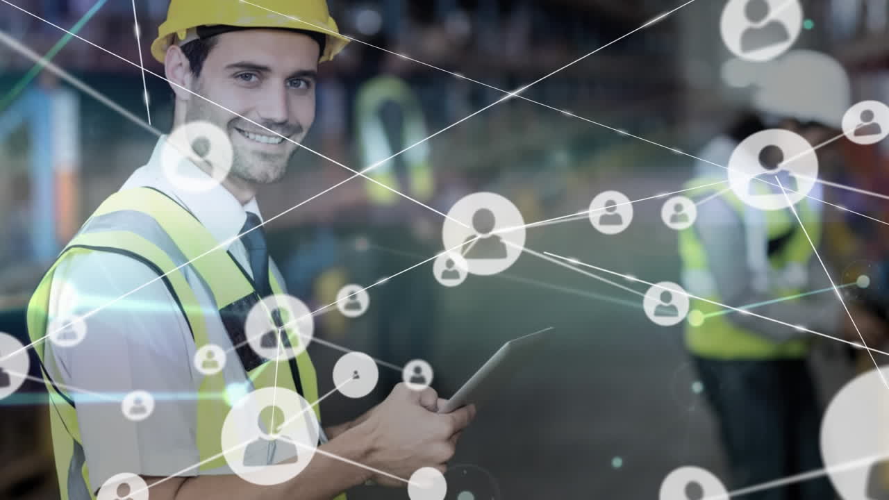 animación de la red de conexiones con la gente iconos sobre el hombre caucásico que trabaja en el almacén