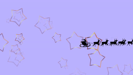 Animation-of-santa-claus-in-sleigh-with-reindeer-over-star-on-blue-background-at-christmas