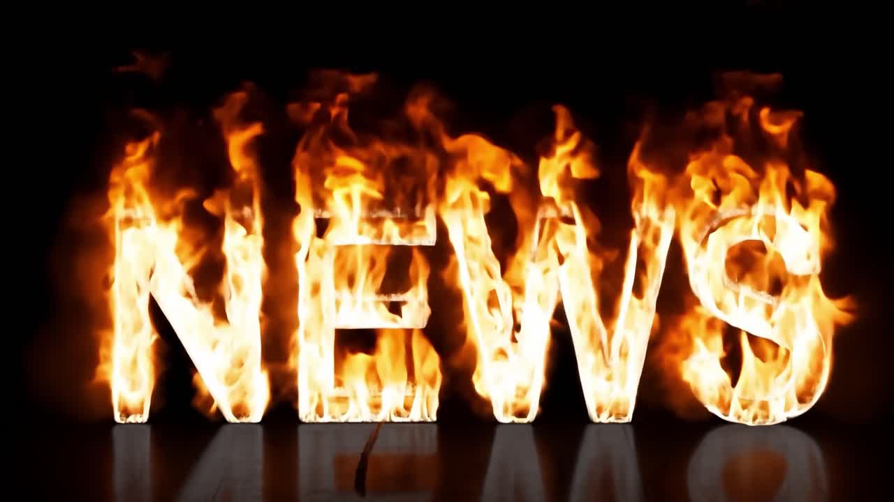 Fire burns on a black background, engulfing the word news in bold white capital letters