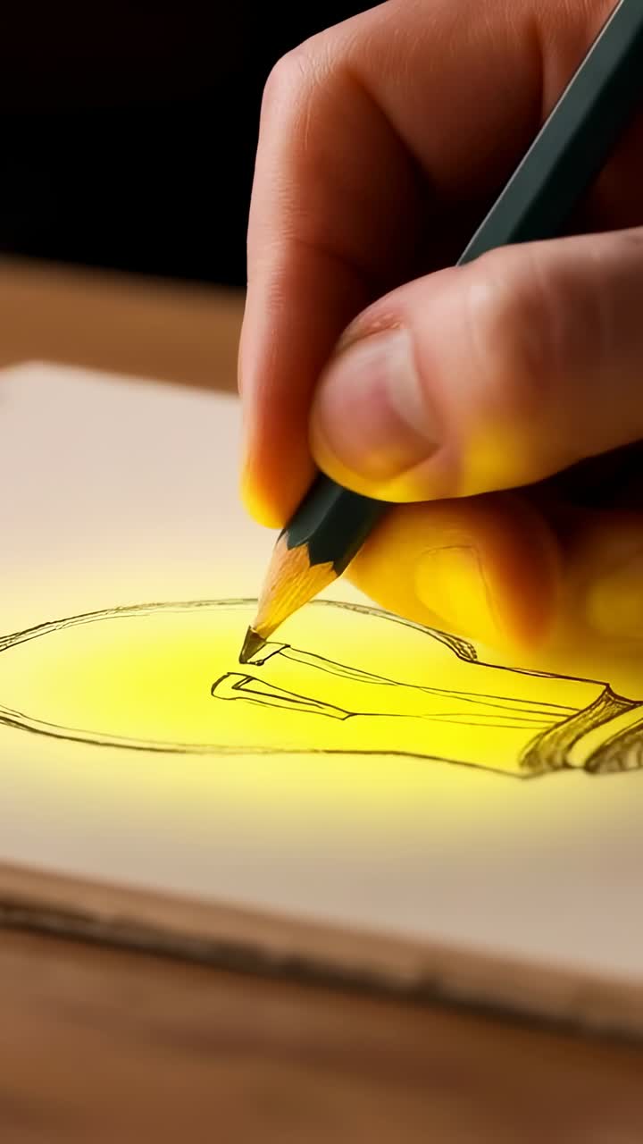 Vertical video: Pencil touching page urging right hand drawing and shading bulb on desk to glow