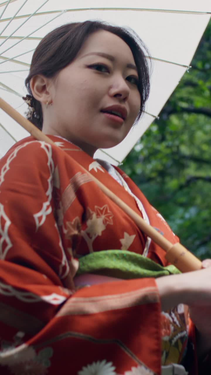 Woman in Kimono with Umbrella in a Garden