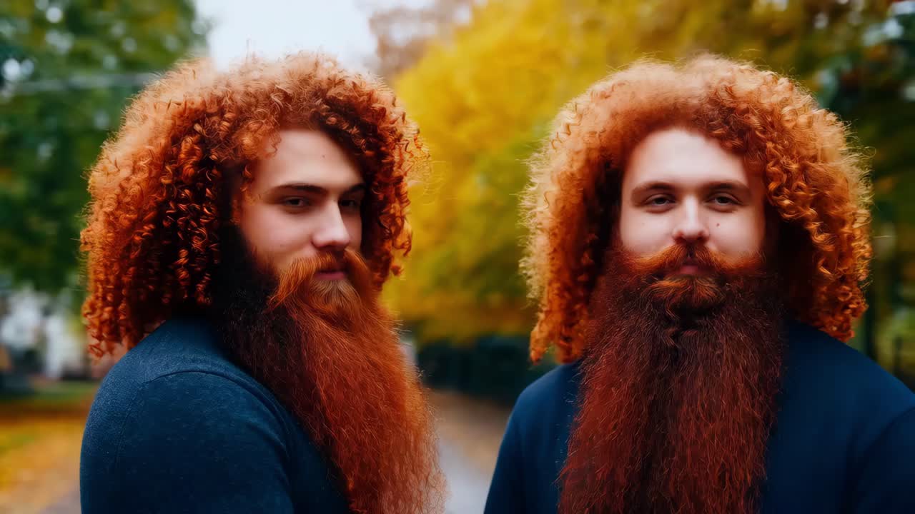 hombres gemelos con cabello rizado rojo y barba larga