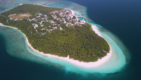 vista superior de una ciudad situada en una isla maldiva entre densos árboles verdes rodeados por todos lados por magníficas aguas azules