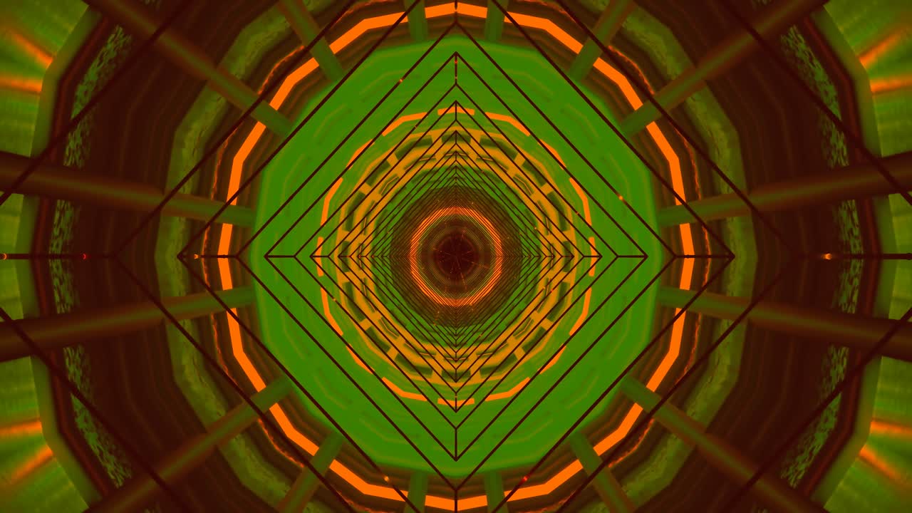 Un tunnel di luci al neon mostra una sequenza di colori e motivi vivaci. L'immagine si muove con un moto circolare, creando un'esperienza dinamica e coinvolgente
