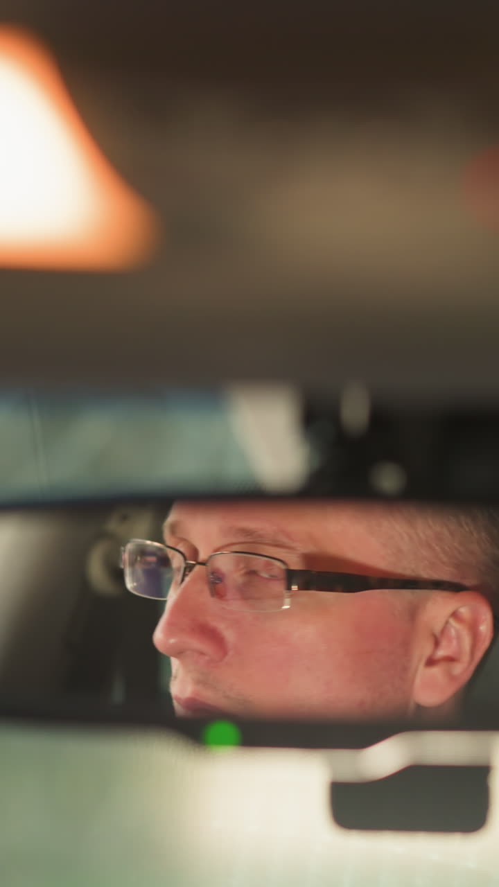 A man s face is reflected in the rearview mirror of a car, showcasing his focused expression as he wears glasses. The soft interior lighting of the vehicle highlights his thoughtful demeanor