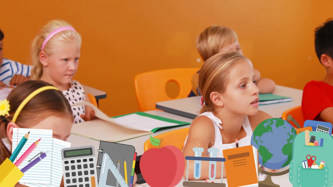 School supplies animation over children studying in classroom