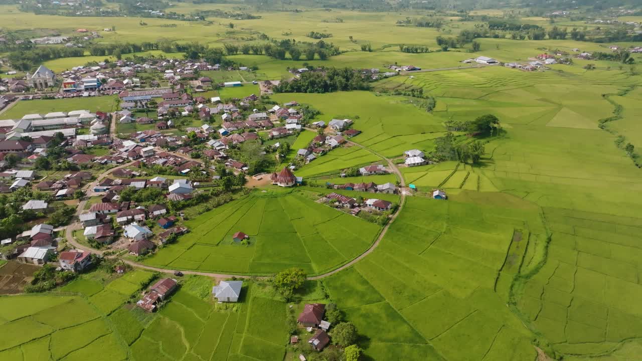 una vista aérea de los campos de arroz de la telaraña y una aldea en un paisaje verde