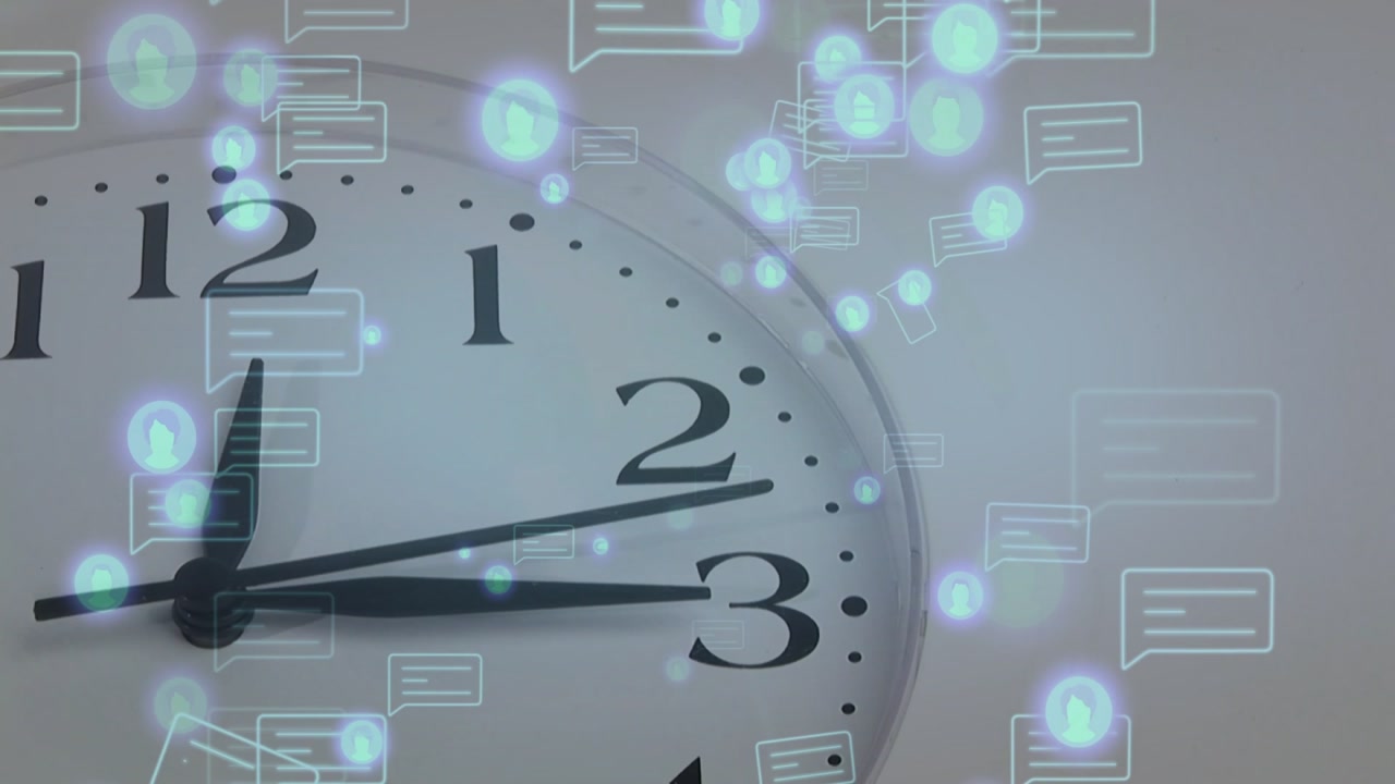 On play, clock hands rotating while blue particles and chat bubbles drifting, showing time passing