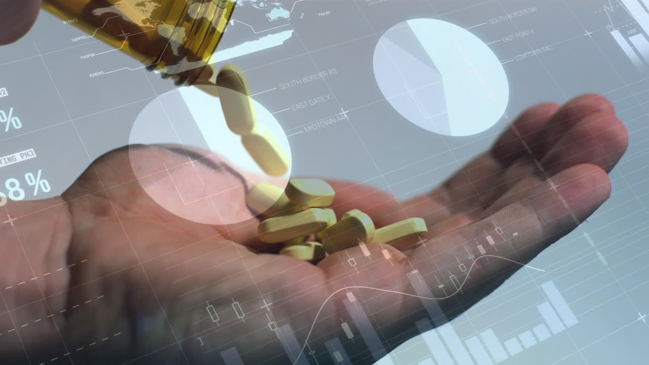 animación de diagramas flotantes sobre pastillas que caen de una caja en la mano caucásica