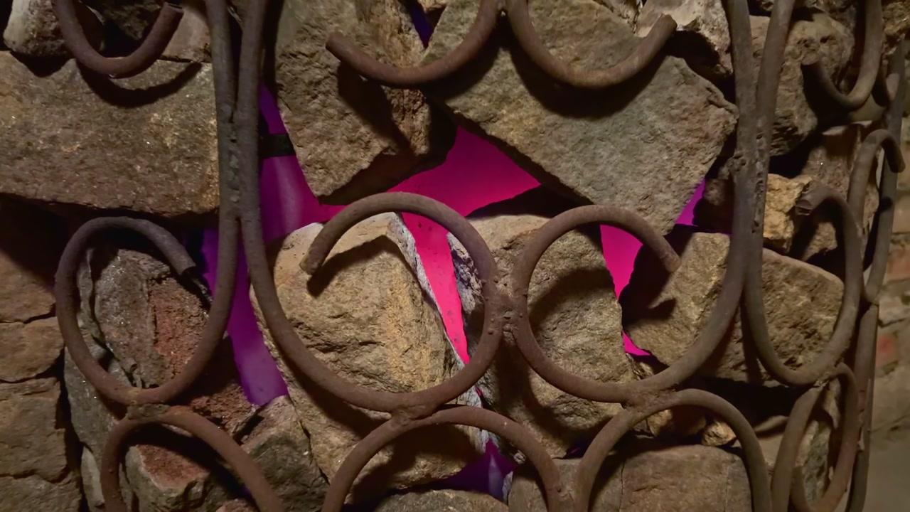 Close-up shot of ornate rusty wrought iron gate with circular scrolls against rough stone wall, vivid pink light glowing through gaps