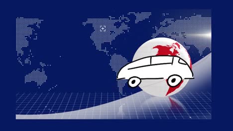 animación de iconos de automóviles sobre el globo y el mapa del mundo en fondo azul