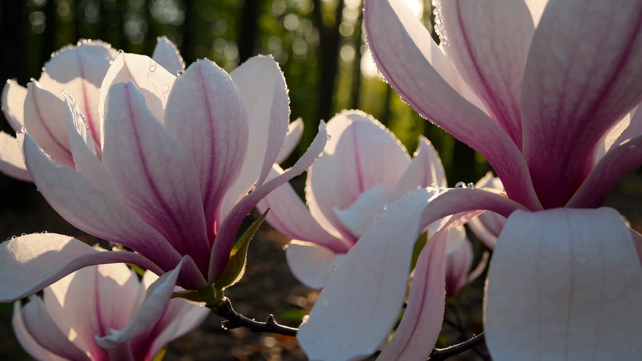 Nærbilledevideo af dugvåde magnoliablomster ved solopgang, der fanger blødt lys og sarte kronblade