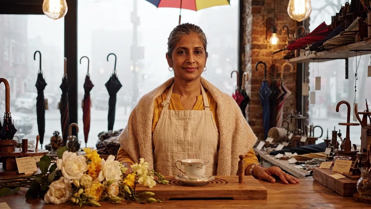 Affascinante scena di un negozio artigianale con una donna con un ombrello e fiori, catturata in luce soffusa con un'atmosfera accogliente in una giornata di pioggia.