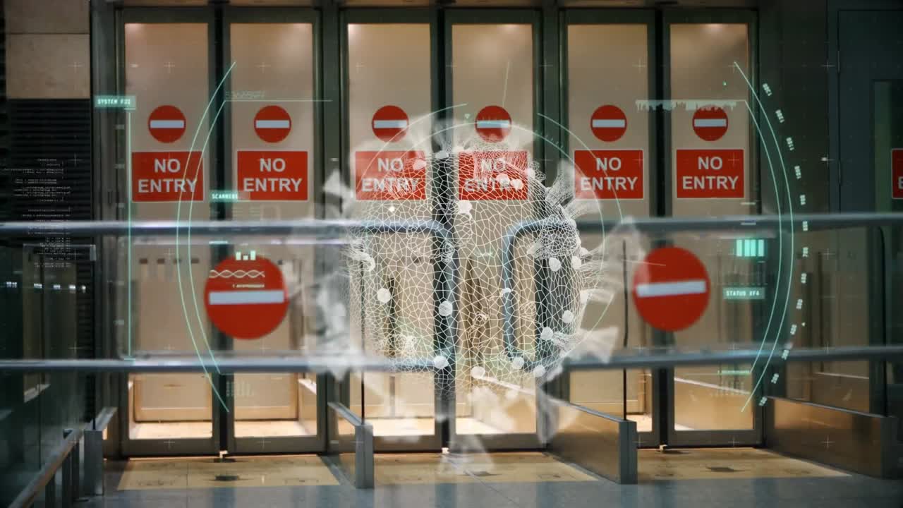 코로나19 세포를 스캔하는 스 ⁇ 의 디지털 복합 비디오 공항에서 나가는 남자를 상대로