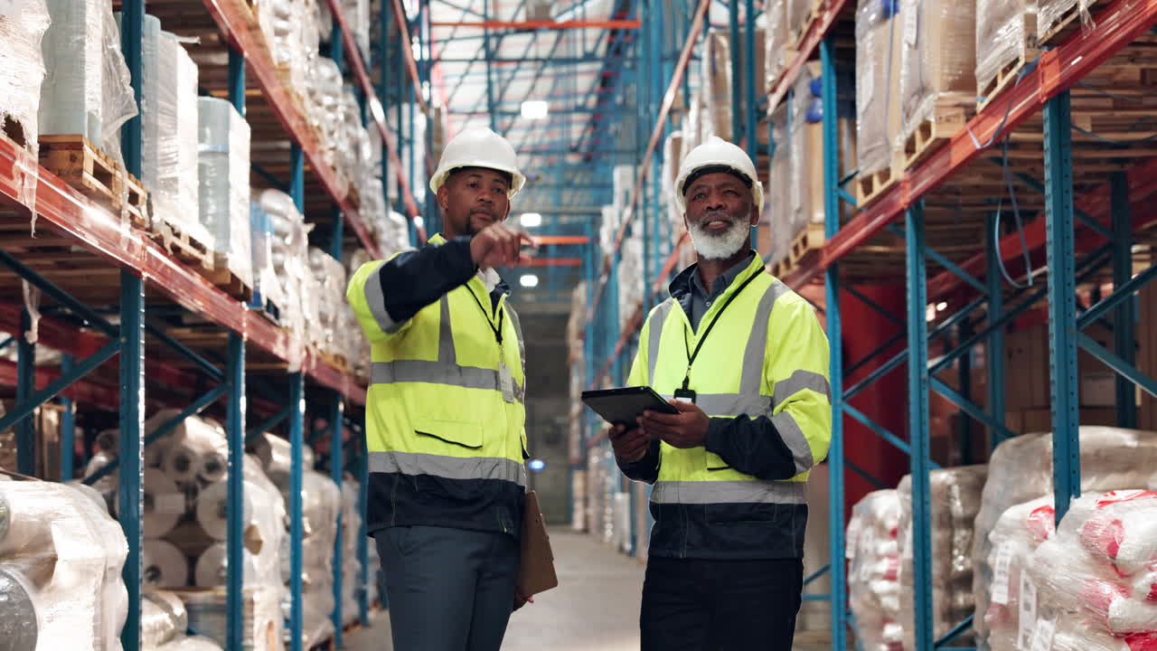 dos hombres con cascos duros y chalecos de alta visibilidad en un almacén, mirando una tableta