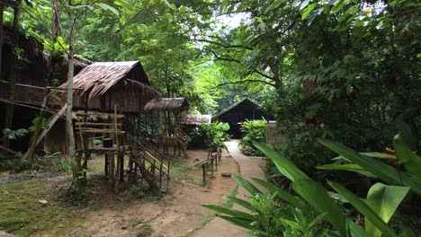 a collection of traditional elevated houses with thatched roofs connected by a pathway in the tropical forest of mari mari village, kota kinabalu, malaysia - truck reveal