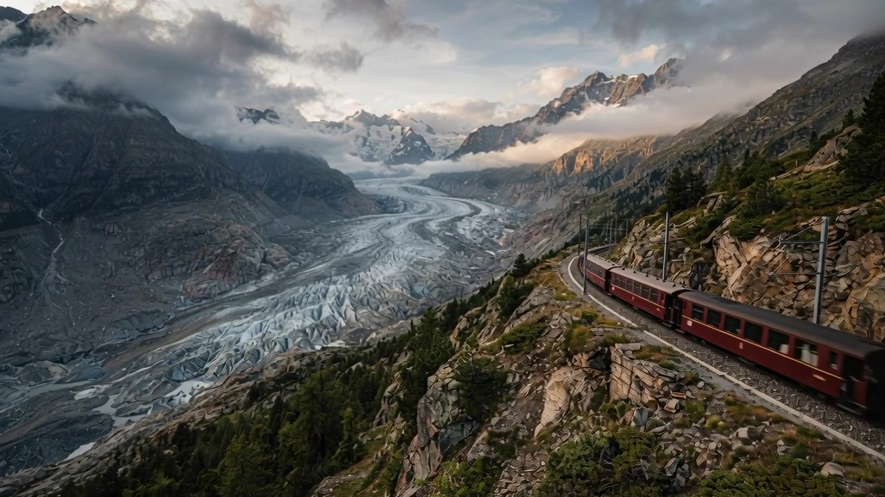 Entrando no canto superior direito, trem vermelho seguindo um único trilho transportando passageiros por um vale glacial.